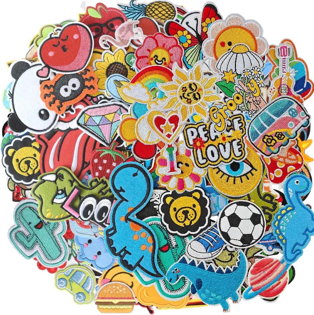 Harsgs 100pcs Random Iron on Patches, Embroidered Iron on/Sew on Patches Applique for Clothes, Dress, Hat, Jeans, DIY Accessories