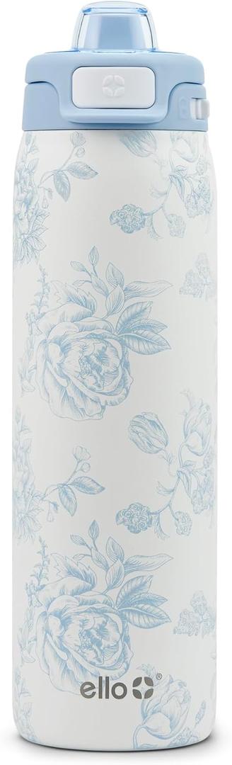 Ello Pop & Fill 22oz Stainless Steel Water Bottle with QuickFill Technology, Double Walled and Vacuum Insulated Metal, Leak Proof Locking Lid, Straw and Chug, Reusable, BPA Free, Porcelain Rose