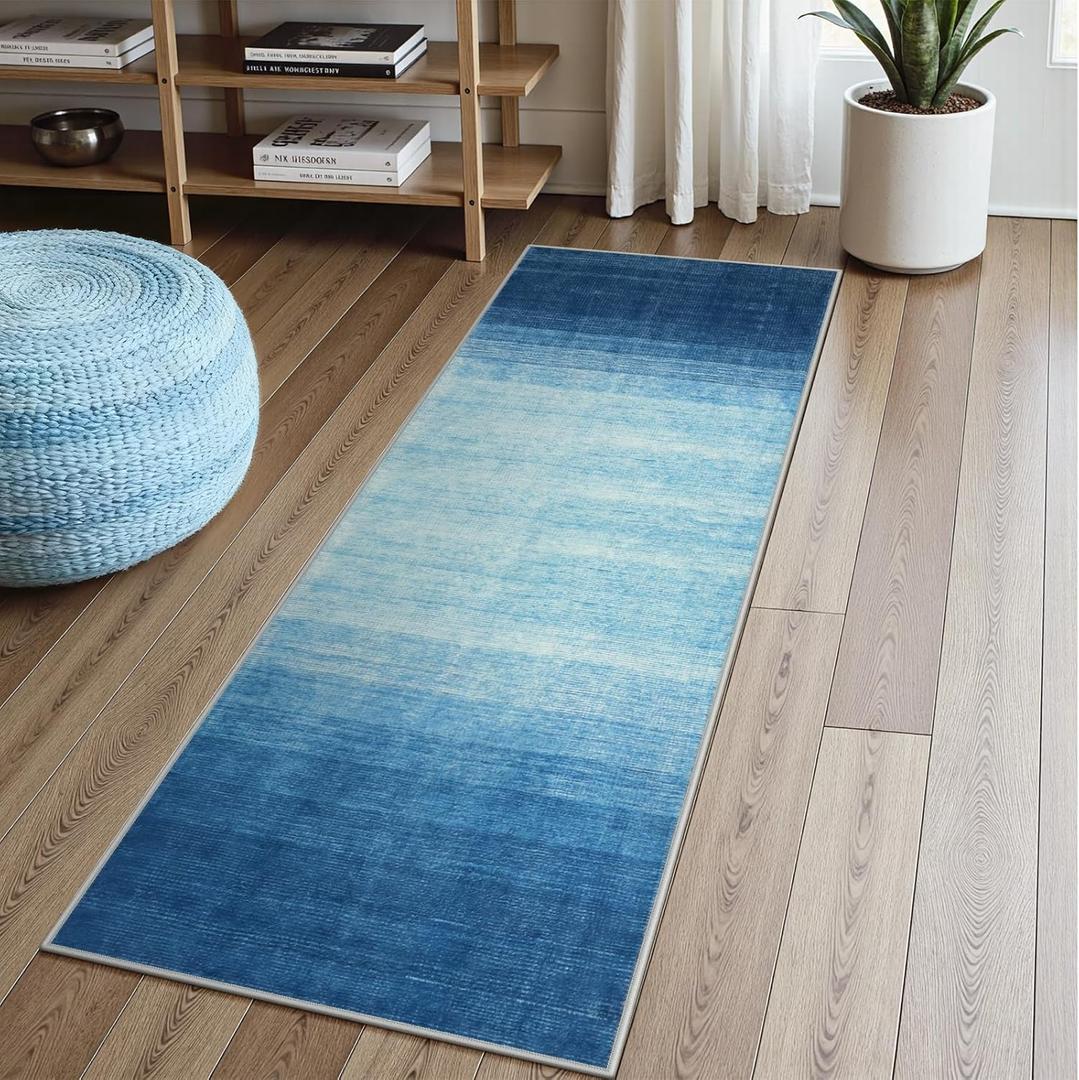 Wonnitar Ombre Blue Washable 2x6 Runner Rug for Hallway, Modern Bathroom Rug Runner, Non-Slip Low Pile Gradient Soft Entryway Carpet Runner for Laundry Entrance Kitchen (Blue, 2'x6')