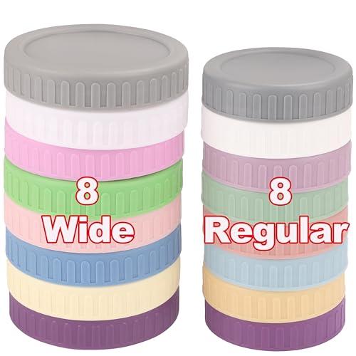 7 Wide Mouth + 7 Regular Mouth Mason Jar Lids, Multi Color Plastic Lids for Mason Jars with Silicone Rings, Thickened Leak-Proof Canning Lids Regular Wide Mouth
