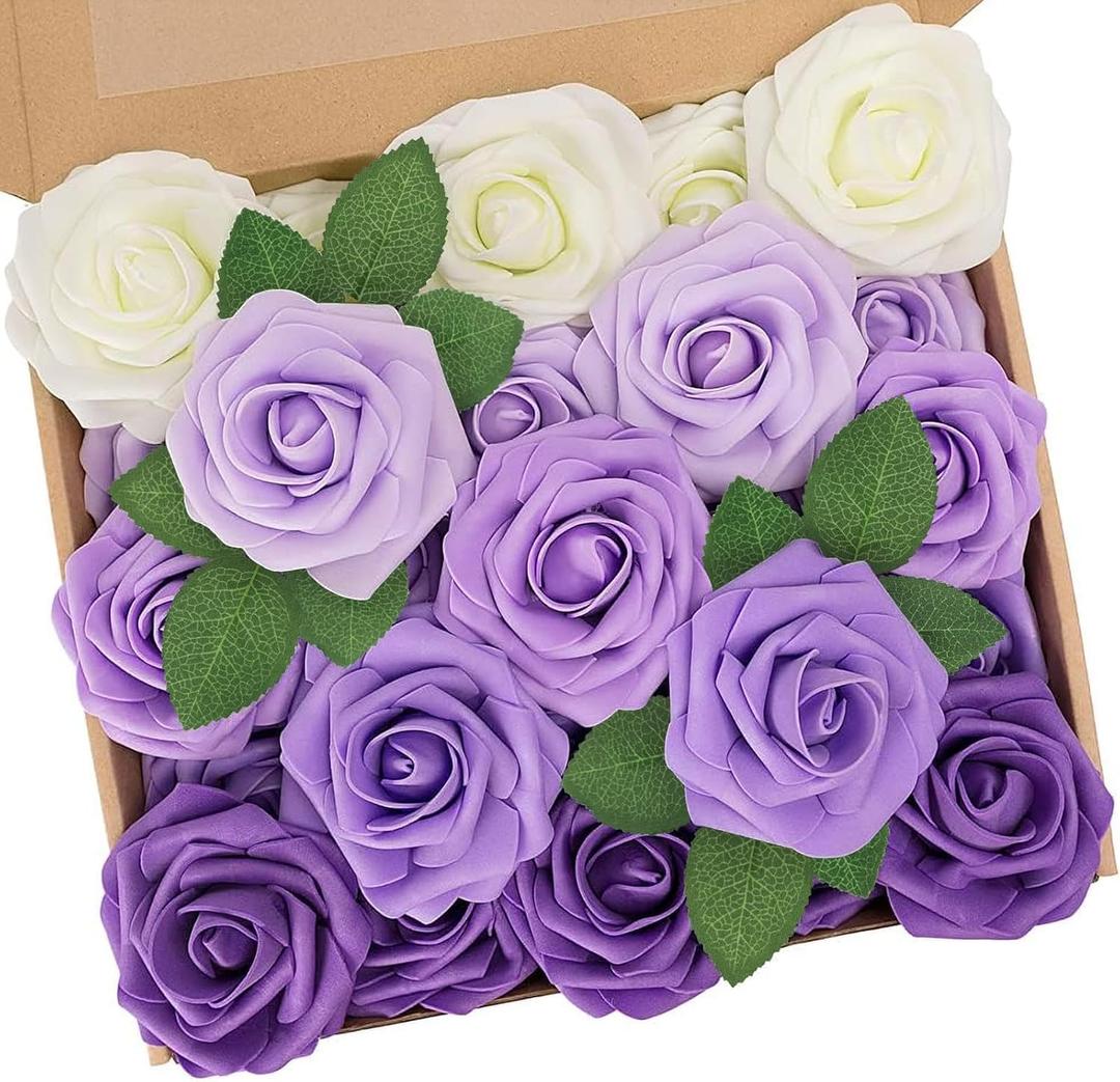 N&T NIETING Artificial Flowers, 25pcs Fake Flowers Rose with Stems Perfect for DIY Wedding Bridesmaid Bridal Bouquets Centerpieces Home Flower Arrangement Mother's Day Decoration, Series Purple