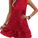 SOLY HUX Women's Ruffle Hem Sleeveless Tank Dress Round Neck Casual Jacquard Hem Smock Summer Mini Dresses (Red, S)