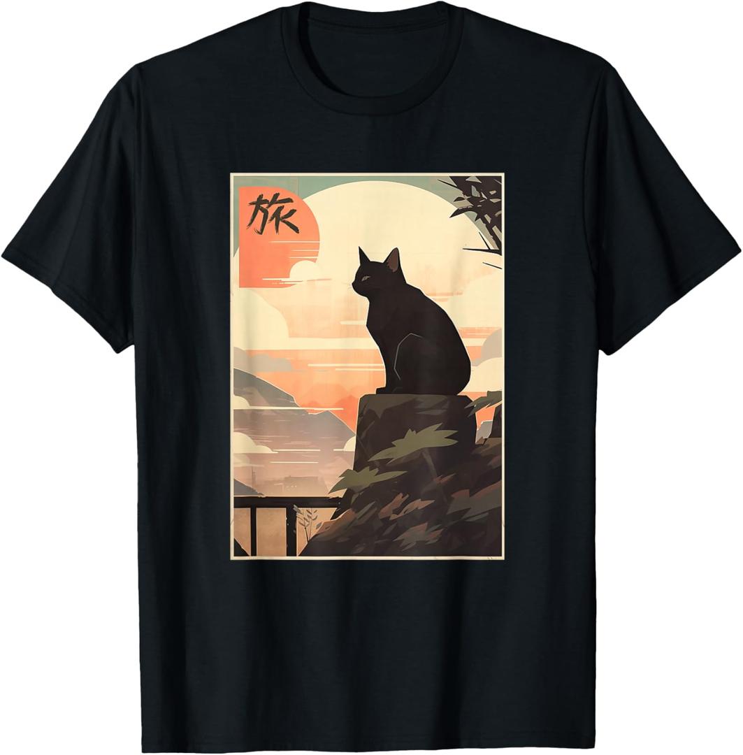 Vintage Japanese Scenery Kanji Writing Journey Black Cat T-Shirt Small
