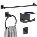 Matte Black Bathroom Accessories Set 4-Pieces, Towel Racks for Bathroom 24Inch Towel Bar, Towel Ring, Towel Hooks, Toilet Paper Holder with Shelf, Stainless Steel Wall Mounted Bathroom Hardware Set