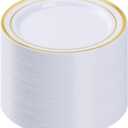 BESTVIP 100PCS Gold Plastic Plates, 10.25 Inch Disposable Dinner Plate Party with Gold Rim for Christmas, Thanksgiving, Heavy Duty Disposable Plastic Plates for Party, Wedding and Birthday, Events