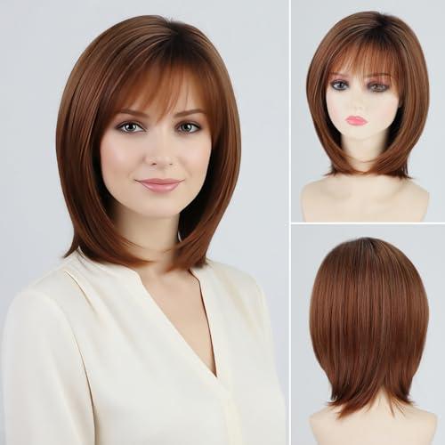 RENERSHOW Wigs for White Women Mid-length Auburn Layered Bob Wig with Bangs Straight Heat Synthetic 12inch Mix Auburn Highlight Average Size Daily To Party Wig