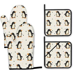 Cute Penguin Oven Mitts and Pot Holders Set,Kitchen Decor Heat Resistant Non Slip Hot Pads and Oven Mitt for Chef Cooking Baking BBQ Mom Girl Gifts(4 Piece Set)