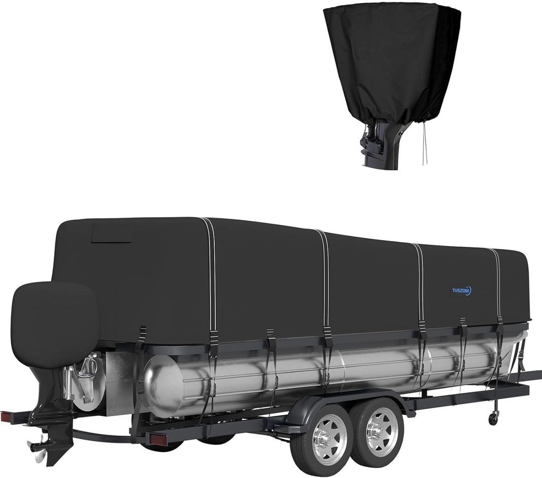 Tuszom 1200D Solution-Dyed Trailerable & Mooring Pontoon Boat Cover with 14+4 Windproof Straps, Waterproof Tear-Resistant 25-28ft Boat Cover with Motor Cover for Pontoon (Length:25'-28' Beam Width: up to 102", black)