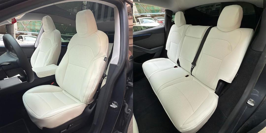 Motoptes Custom Fit Car Seat Covers Full Set for Tesla Model Y Juniper 2025 2026, Waterproof Nappa Leather Model Y Juniper Seat Cover, Automotive Seat Protectors Cushion Cover, White