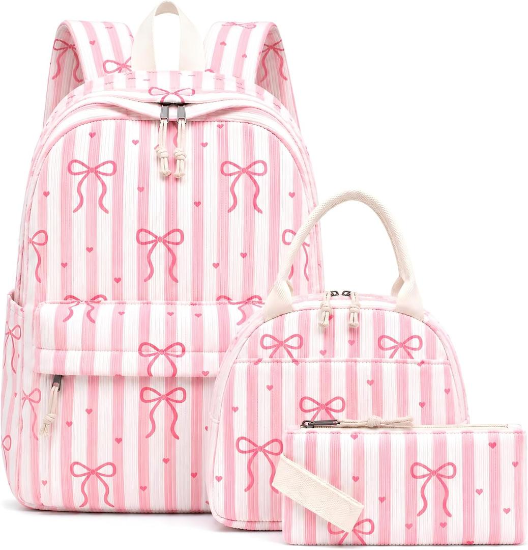 Backpack for Girls 3PCS Girls Backpack with Lunch Bag Pencil Case Cute Kids Teens School Backpack Set for Elementary Preschool Middle School (Bow Pink Stripes)