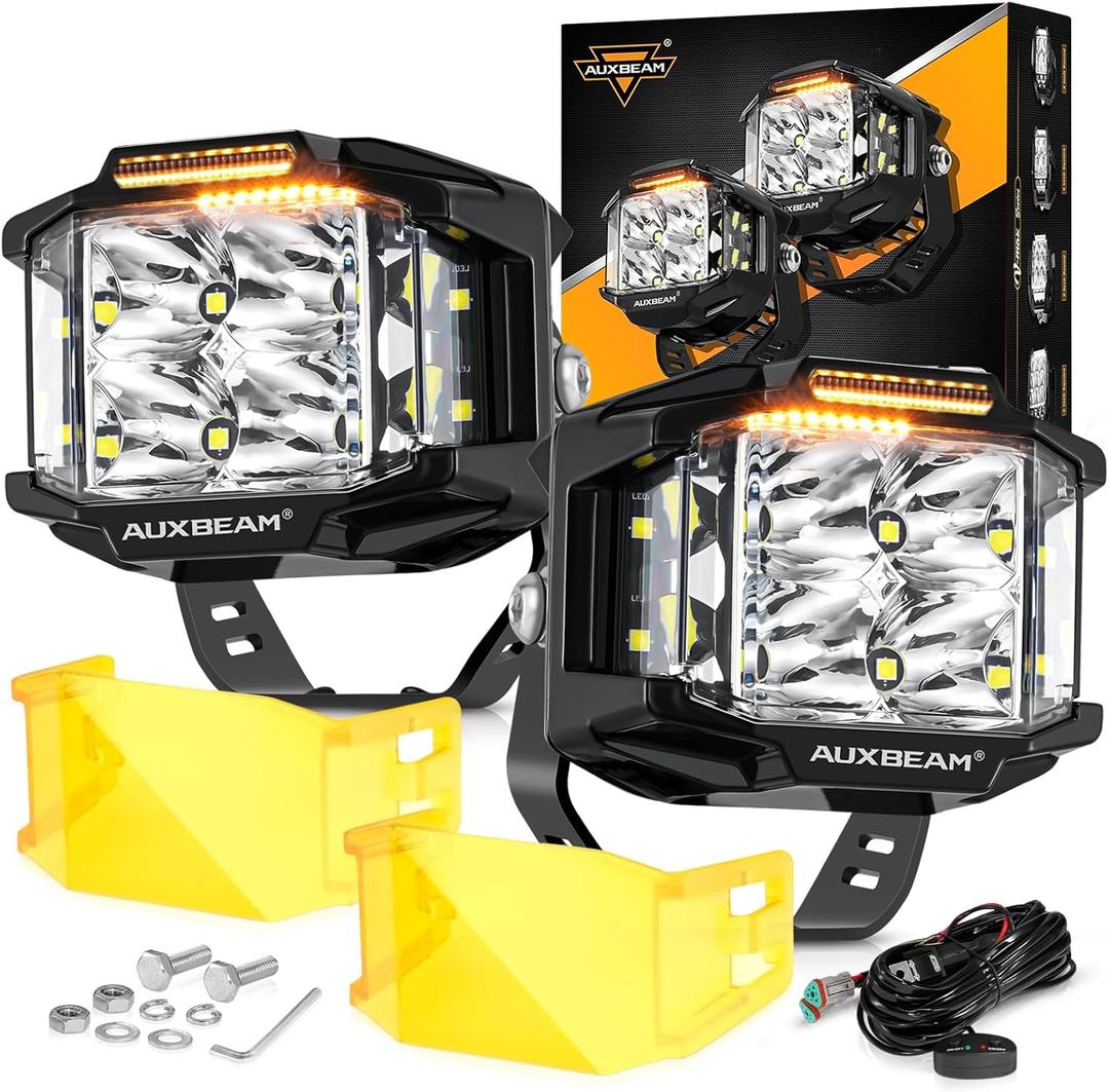 Auxbeam 4" 92W Cube LED Pod with Amber DRL, V-MAX Series Offroad Pod Lights with Side Shooter & Amber Covers, Offroad LED Cube Offroad Square Light 270Combo Beam Auxiliary Light for Truck Jeep ATV