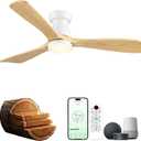 52 inch Smart Flush Mount Ceiling Fan with Lights,Outdoor Low Profile Wood Ceiling Fan with lights Works with App&Alexa/Gg Voice Control&Remote,Quiet DC Motor for Covered Patio Porch,Nature Wood