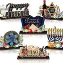 CroBlissful 6 Pcs Passover Table Decorations Signs Wooden Chag Sameach Tabletop Centerpiece Holiday Tiered Tray Table Toppers for Pesach Seder Jewish Home Office Desk Decor Party Supplies