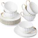 BTaT- Cappuccino Cups with Saucers 7 oz, Set of 6, White Porcelain Coffee Cup and Saucer Set for Latte with Golden Trim Design, Dishwasher Safe, Mocha, Tea, Au Lait, Flat White