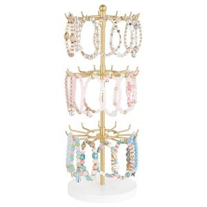 Mkono Bracelet Holder Gold Metal Rotating Bracelet Display Stand 3 Tier Jewelry Tower rack with 36 Hooks and Wood Base Modern Adjustable Storage Organizer Tree for Selling KeyChain Bangle Accessories
