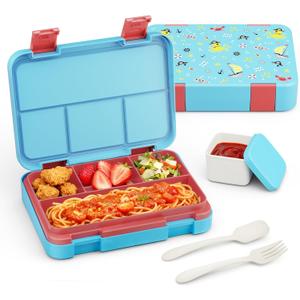 Bento Lunch Box for Kids, 4 Compartments Kids Leak Proof Back to School Bento Lunch Boxes Food Containers for School, Travel, On-the-Go Meal, Food Grade, Microwave, Dishwasher Safe (Light Blue Patterned)