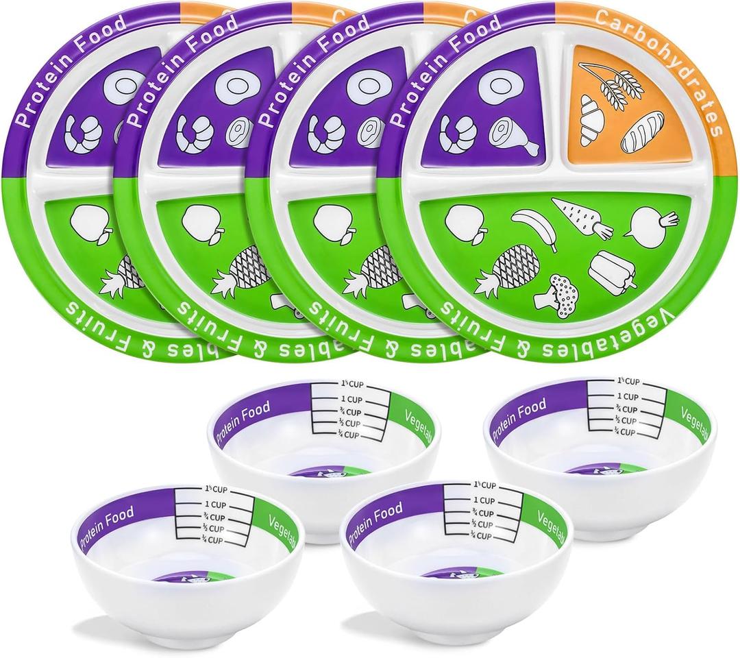 Tioncy 8 Pcs Bariatric Portion Control Set with 4 Bariatric Plates 4 Portion Control Bowls for Adults Diet Balanced Eating Weight Loss Serving Plans(Classic)