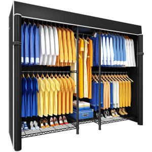 Ulif E12C Heavy Duty Closet Organizer SystemFreestanding Clothing Rack, Adjustable Garment Rack 71" W x 16" D x 76.5" H Holds 960 lbs, Black Rack with Black Dustproof Cover