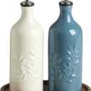 Sweejar Ceramic Olive Oil Dispenser Bottle, 20 Oz Relief Opaque Oil Cruet Protects To Reduce Oxidation, Suitable for Storage Vinegar, Soy Sauce,Liquids,Set of 2 (BeigeFogblue)