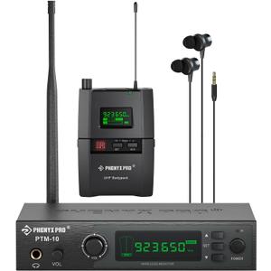 Phenyx Pro UHF Stereo Wireless in Ear Monitor System, Wireless IEM, 900MHz Band Selectable Frequency, Rack Mountable, 160 ft. Operation, Suitable for Stage, Studio, Exhibit, Lecture, Speech (PTM-10) (1 receiver +1 transmitter)