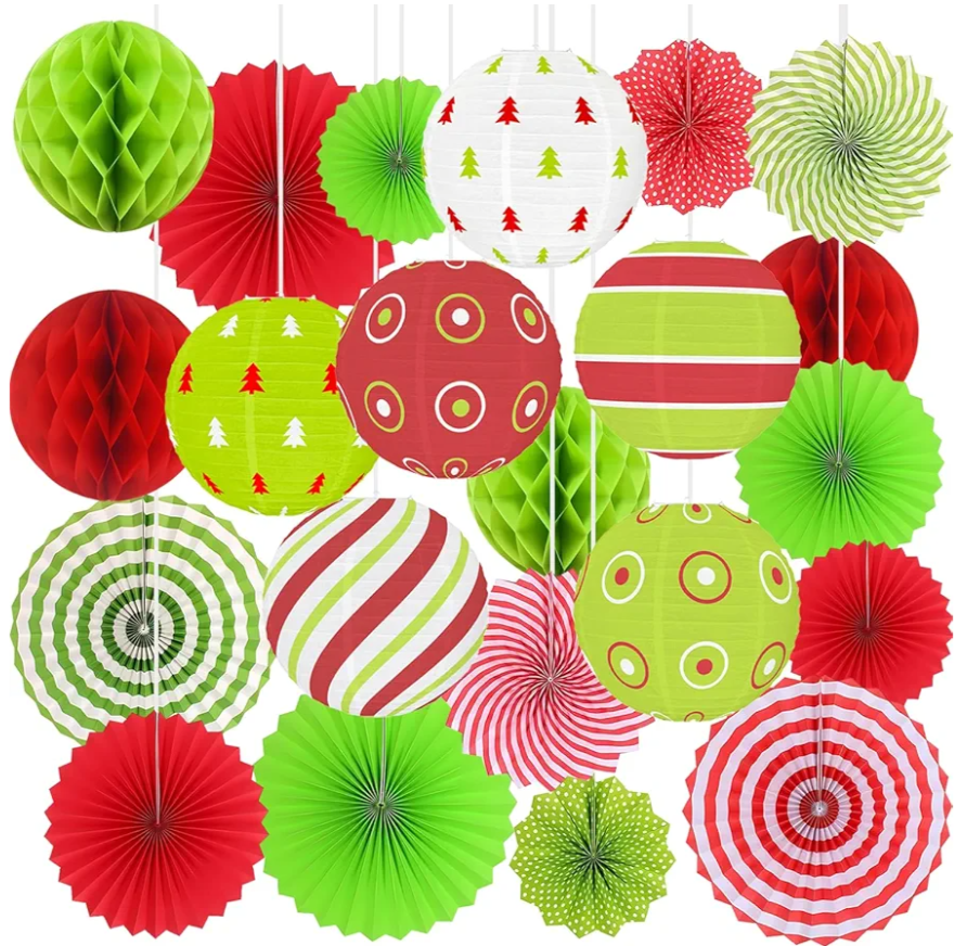 22 Pcs Paper Lanterns Set, Candy Cane & Peppermint Hanging Decorations Kit with Paper Fans and Honeycomb Balls, Red White Party Supplies for Home, Ceiling, Classroom, Holiday Decor