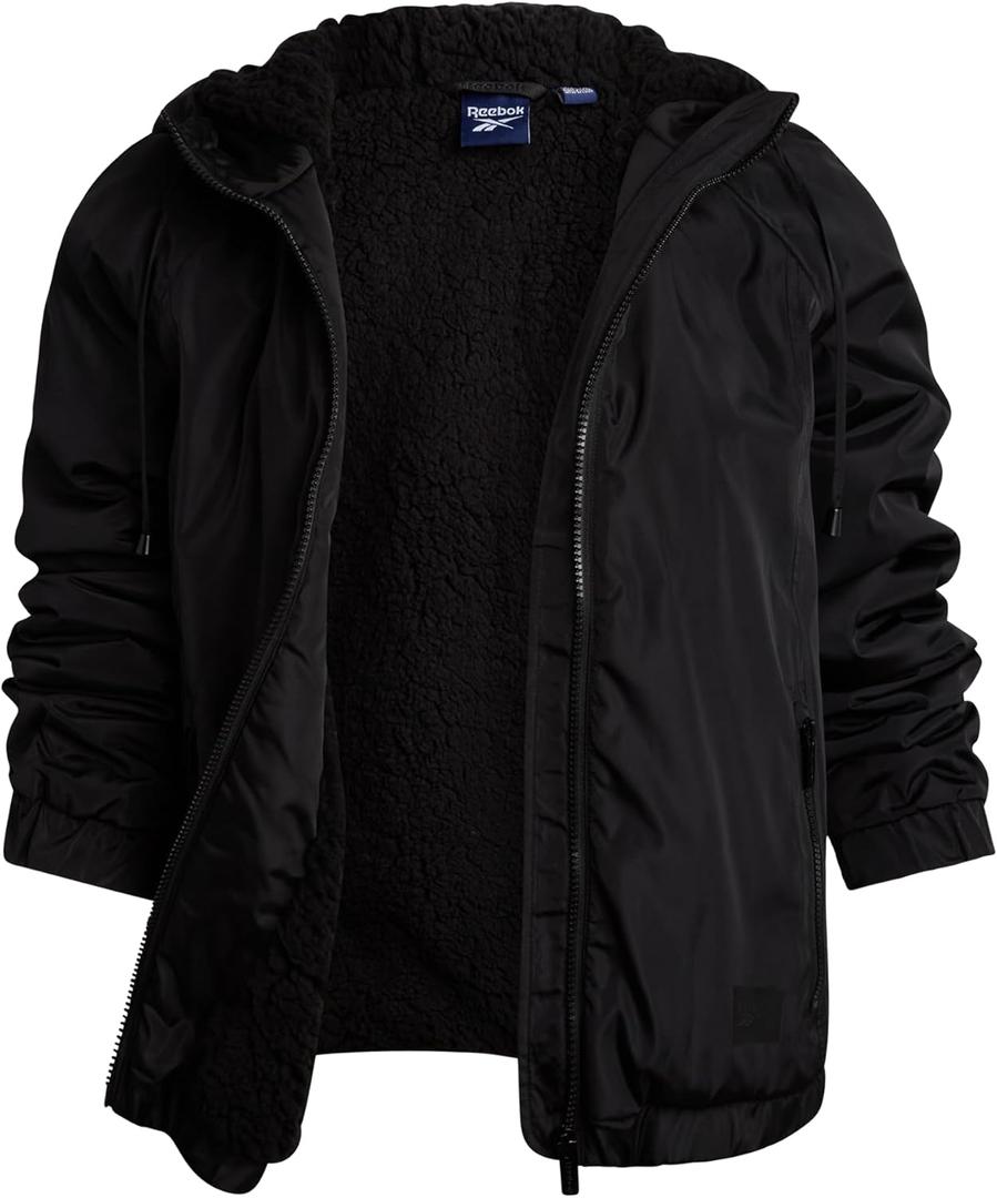 Reebok Womens Windbreaker Jacket - Water and Wind Resistant Midweight Cozy Sherpa Fleece Insulated Softshell Jacket for Women (Large, Black)