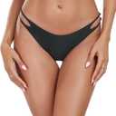 Women's Low Waisted Bikini Bottoms Double Straps Cut-Out Swimsuit Bottoms Cheeky Bathing Suit Bottoms (Medium, Black)