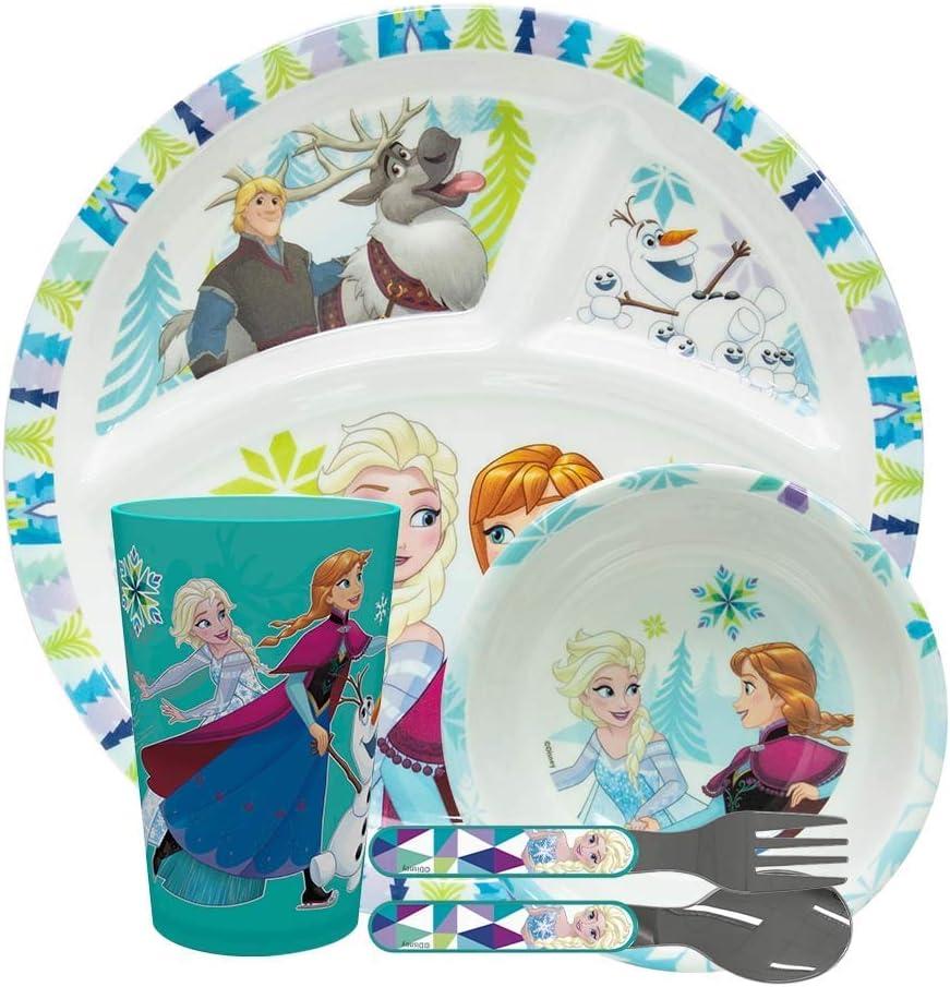 Zak Designs Disney Frozen Movie Kids Dinnerware Set Includes Divided Plate, Bowl, Tumbler and Utensil Tableware, Made of Durable Material and Perfect for Kids (Elsa & Anna, 5 Piece Set, BPA-Free)