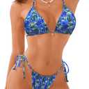 Women's Sexy Halter Thong Bikini Set Triangle High Cut String Floral Tie Dye Ombre Prints 2 Pcs Swimsuits (M, Blue Green Floral)