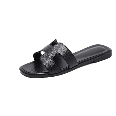 Women's Flat Slide Sandals Flat Sandals Band Sandals Black Leopard Metallic Sandals, Size 9