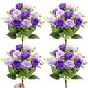TURNMEON 40 Heads Fake Roses Artificial Flowers for Outdoors Summer Decor, 4 Bouquets UV Resistant Fake Flower Bouquet Faux Silk Roses for Wedding Birthday Party Home Mother's Day Cemetery Decor(Purple)