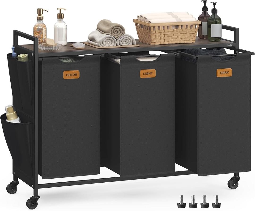 VASAGLE Laundry Hamper, Laundry Sorter Rolling Cart with Shelves, Small Side Pockets, 6 Labels, 3 Compartments, 39.6 Gal. (150 L), Ink Black and Ash Brown UBLH223BH01