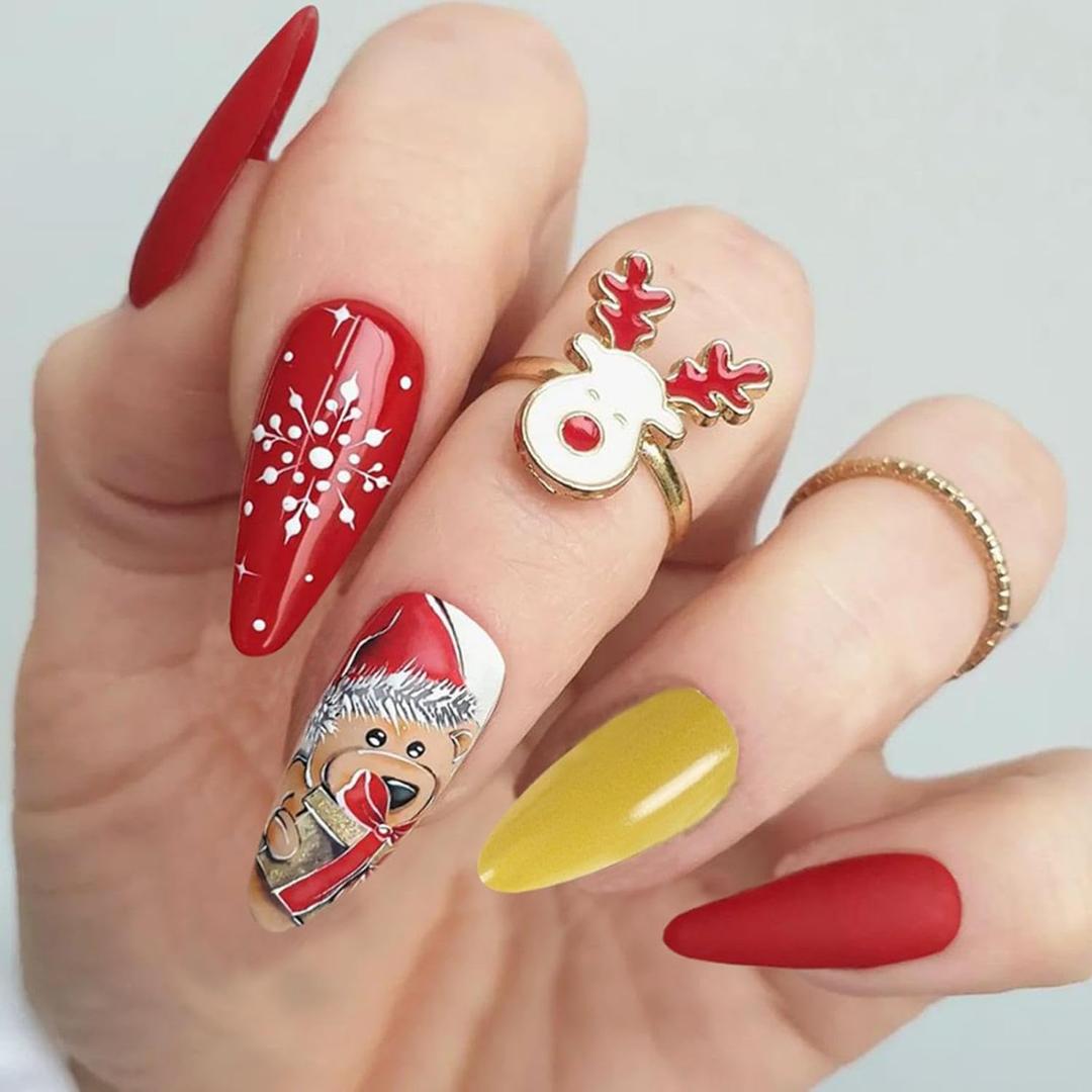 Christmas Press on Nails Medium Almond Fake Nails with Santa Claus Design Snowflake Glue on Nails Yellow Stick on Nail Red Xmas False Nail for Women Girls Winter Holiday Manicure 24pcs