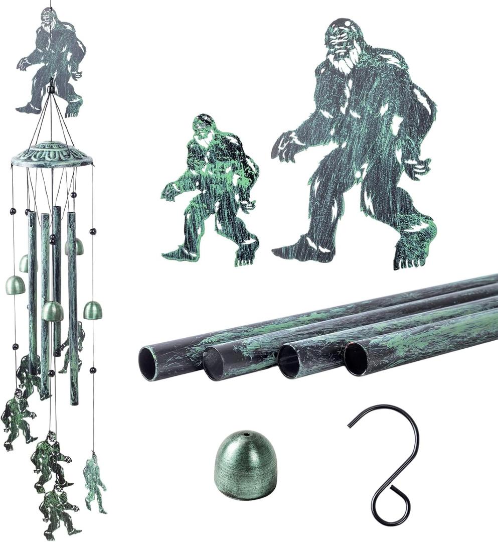 Bigfoot Gifts for Men and Women, Metal Bigfoot Wind Chimes with 6 Chimes and 4 Aluminium Tubes, Sasquatch Gifts for Outside Home Lawn Porch Patio Garden Decor, Yard Decoration (Vintage Green)