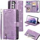 UEEBAI Wallet Case for Samsung Galaxy S21 5G, Retro 9 Card Holder Slots Zipper Pocket PU Leather Handbag Cover Magnetic Closure Kickstand with Wrist Strap TPU Shockproof Flip Case - Glitter Purple