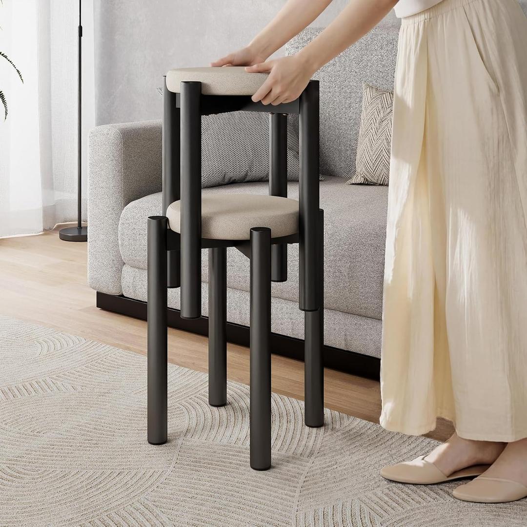 18 Inch Industrial Metal Stackable Stool Set of 2 with Soft Cushion, Short Backless Stackable Kitchen Stools Chair, Small Dining Table Chairs for Dining Room, Living Room, Bedroom, Black, 14.2" x 14.2" x 17.7"
