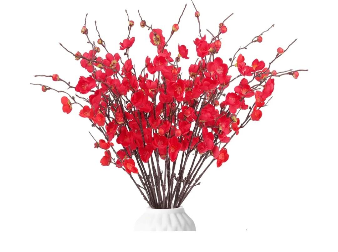 20pcs Cherry Blossom Branches Artificial Flowers for Winter Spring Indoor Decoration, 22" Plum Fake Peach Plants for Wedding Home Office Bedroom Party Decor (red, 22in)
