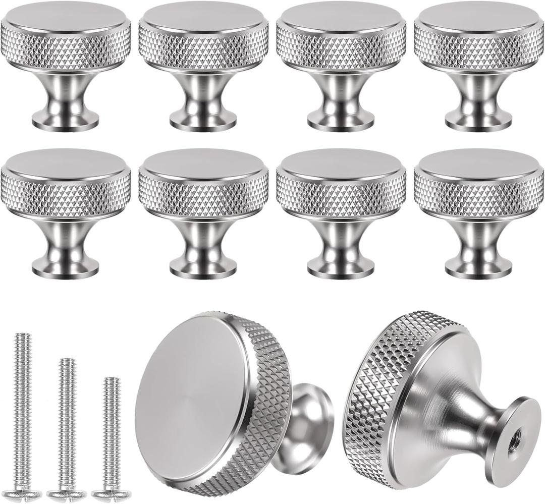 10 Pack Silver Cabinet Knobs Drawer Cupboard Kitchen Knobs Round Solid Knurled Cupboard Handles with 30 Screws for Cabinet Furniture Dresser Wardrobe Pulls(Silver)