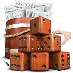 Swooc Games - Yardzee, Farkle & 20+ Giant Dice Games (All Weather) Yard Dice with Wooden Bucket, 5 Scorecards & Marker - Jumbo Dice Yard Game - Extra Large Yard Game for Adults - Jumbo Lawn Fun
