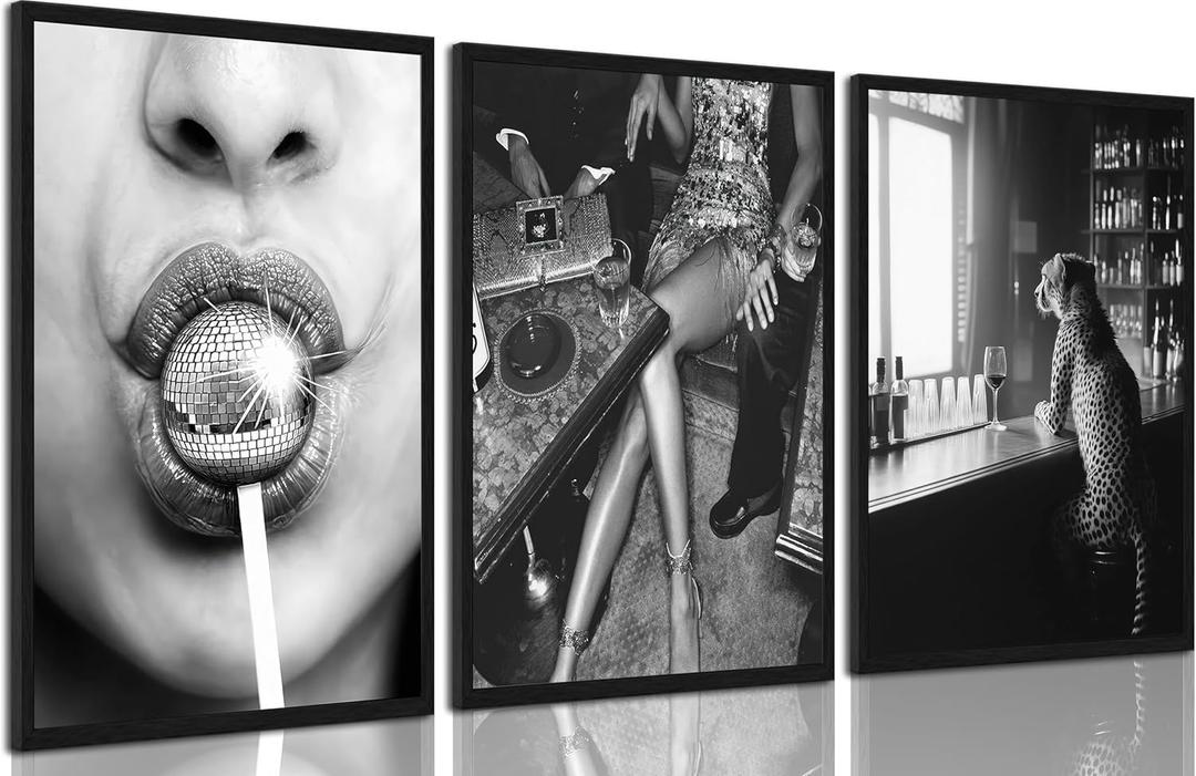 Black and White Funky Girl Canvas Wall Art Retro Disco ball Lollipop Painting Picture Wall Decor Cheetah Trend in the Bar Aesthetic Poster Print Artwork for Bar Living Room Bedroom Home Decoration