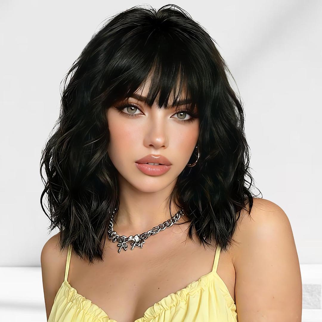 Black Wigs for Women 16 Inch Charming Wig with Bangs for Women Shoulder Length Natural Wavy Synthetic Wigs for Daily Party Cosplay (Black)