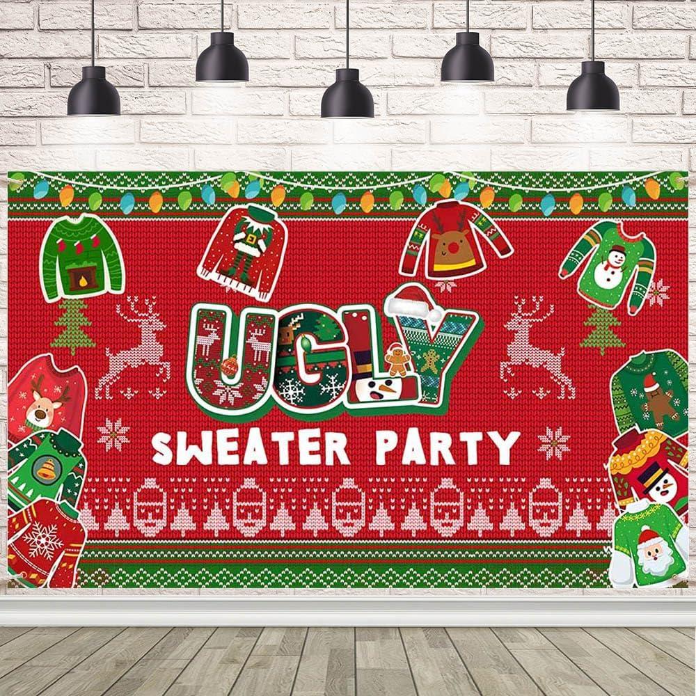Ugly Sweater Party Christmas Backdrop Decorations Banner Red Green Banner for New Year Winter Xmas Decorations Holiday Party Supplies 70.8x43.3 inch (5.9x3.6ft)