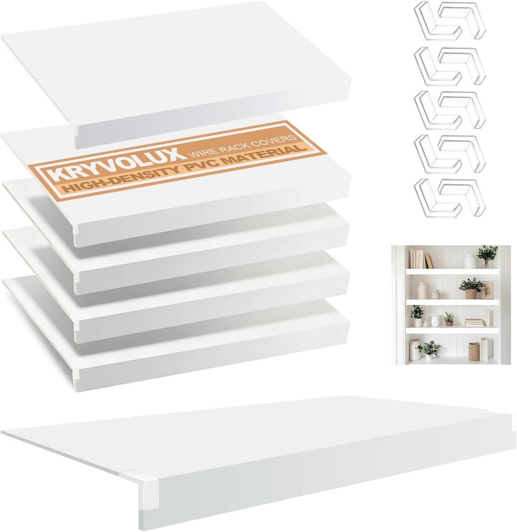 5 Pcs Wire Rack Covers 24x12x3 inch PVC Pantry Shelf Cover 0.31 inch Thick Removable Closet Wire Rack Shelf Covers,Decoration Kitchen Bathroom Office Shelving (Light Luxury White,24x12x3 inch)