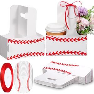 Dunzoom 24 Set Baseball Sport Coffee Cup Holder Bulk 2/4 Drink Carrier with Handles with Card and Ribbon Paperboard Coach Appreciation Gifts for Sport Birthday Team Party Favors Supplies(Baseball)
