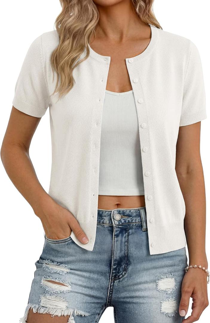 GRACE KARIN Women Short Sleeve Cardigan, 2026 Summer Knitted Sweater Tops, Basic Crew Neck Crop Outfits (White, M)