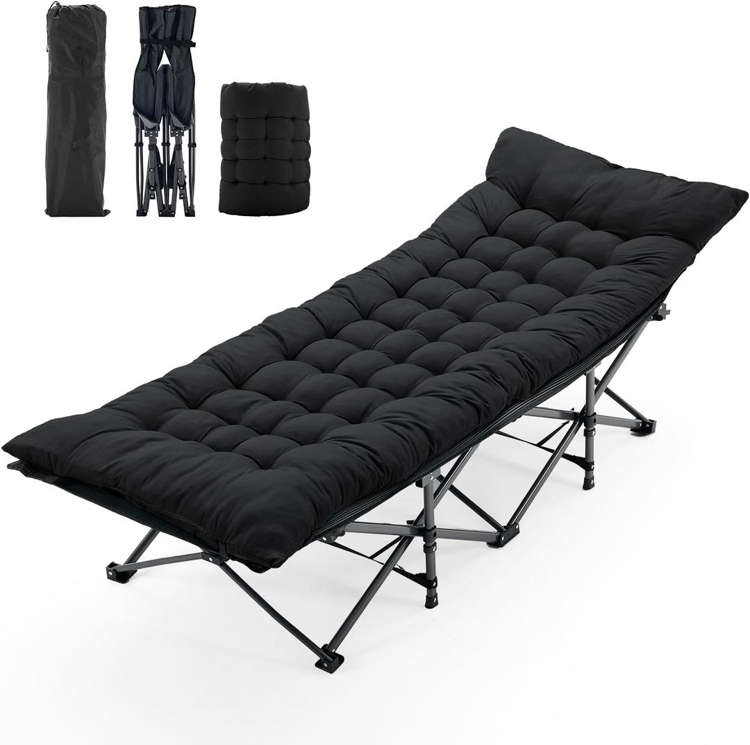 NEWBULIG Folding Camping Cot, Compact Foldable Bed for Indoor & Outdoor, Portable Sleeping Cot, Removable Cushion for Adults, Heavy Duty 440 lbs Capacity, Oxford Fabric,74.4x28x13.8 in, Black