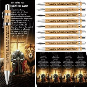 MotiMind 25 Sets Christian Church Gifts for Men Full Armor of God Bible Verse Brown Ballpoint Pens and Religious Bookmarks Pastor Appreciation Gifts for Christmas Godfather Church Staff
