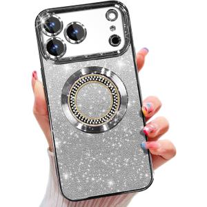 Misscase for iPhone 17 Pro Max Magnetic Glitter Case Compatible with MagSafe,Full Protection Slim Shockproof Anti-Scratch Case with Camera Lens Protector Plating Bling Dust-Proof Net Silver