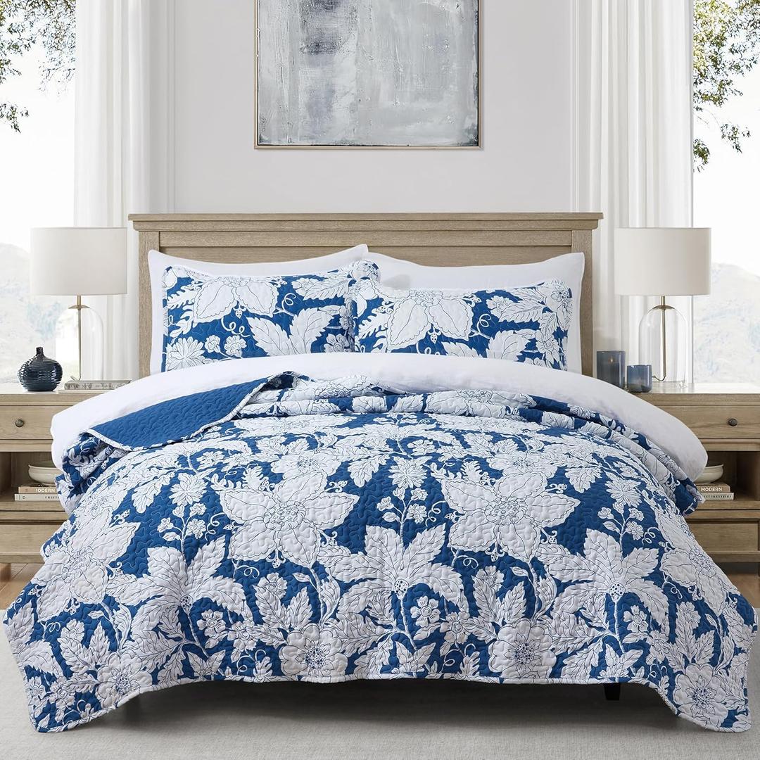 Floral Bedding Quilt Set Bedspread - Blue Floral Quilt Lightweight Reversible Dyed Oversized Bed Spread Coverlet with 2 Pillowsham for Home All Season Tropical Royal Luxury (King)