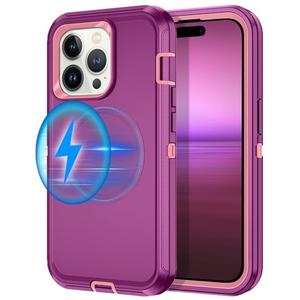 I-HONVA for iPhone 14 Pro Max Case [Compatible with MagSafe] Shockproof 3-Layer Full Body Protection Rugged Heavy Duty Cover Case for Apple iPhone 14 Pro Max 6.7",Purple/Pink